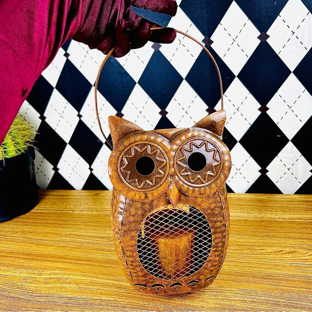 Large Owl Candle Lantern‎ Metal Vintage Sculptural Candle Holder Décor